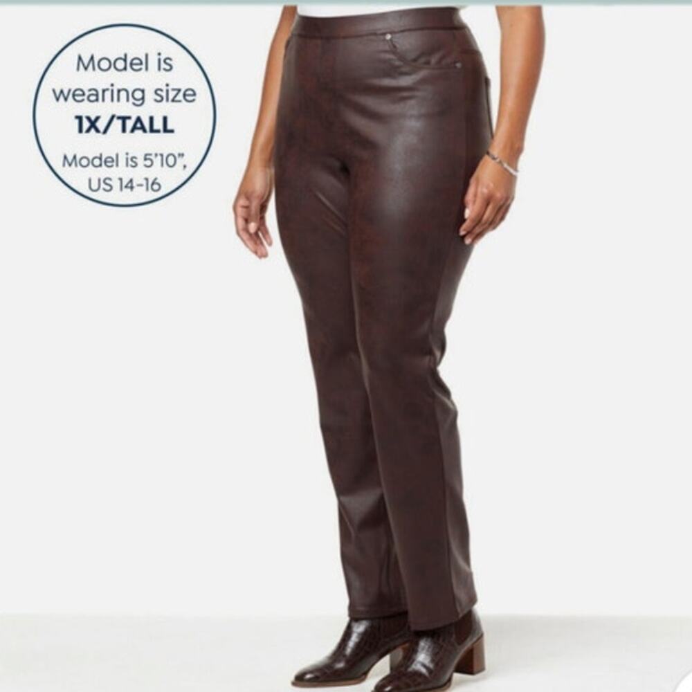 Diane Gilman Medium Brown Women Coated Knit Faux Leather Look Pull On Slim Pants